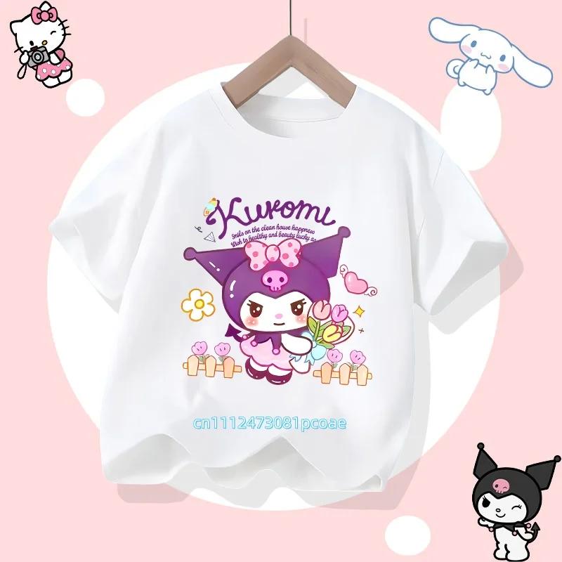 Kuromi Children's Pure Cotton Short-Sleeved Girls' Casual Shirt - Summer T-Shirt with Cartoon Print- Three Little Monkeys Series