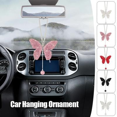 Pandantiv roz Bling Fluture Oglindă retrovizoare pentru mașină Atârnatoare Breloc pandantiv geantă Femei Fete Ornamente cadou Decorare interioară auto