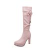 Autumn Winter Zipper Knee High Boots Women Fashion White Stiletto Heel Long Boots Bow Chain Bead Shoes Large Size 32-43 Black