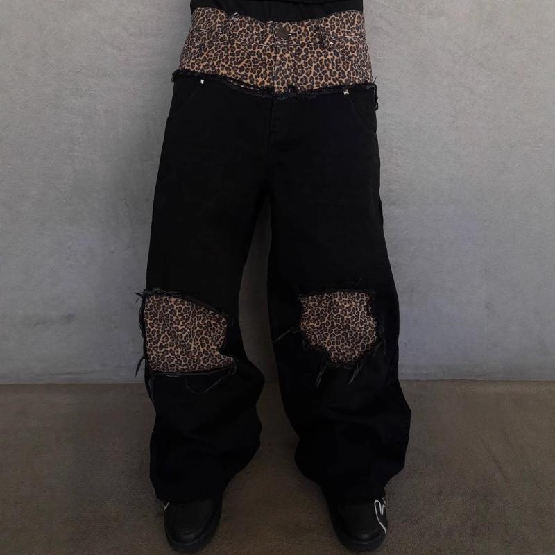 

Европейские и американские ретро мужские и женские джинсы в стиле пэчворк с леопардовым принтом, перфорированным дизайном, модные, свободные, с индивидуальностью, в темном стиле S чёрный