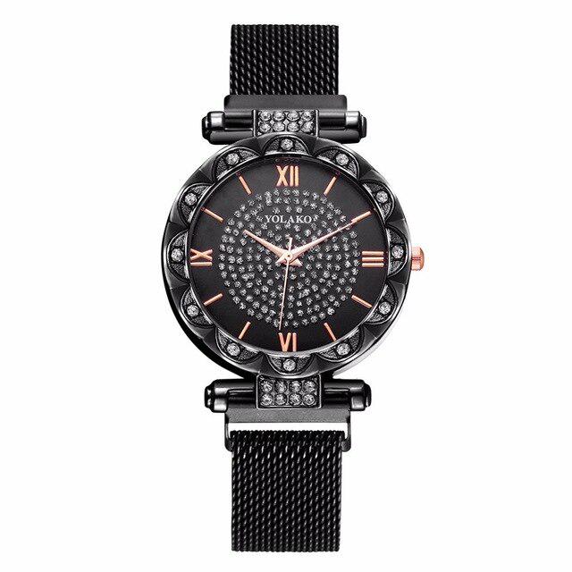 

Модные женские наручные часы с магнитной пряжкой и бриллиантами, повседневные роскошные женские кварцевые часы с сетчатым ремнем из нержавеющей стали чёрный