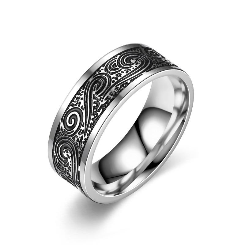 Men's Titanium Steel Punk Ring with Geometric Carving, Blackened for Couples - European & American Style.