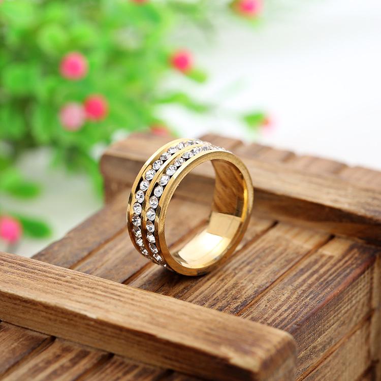 Trendy Double Row Diamond Stainless Steel Ring – European & American Style