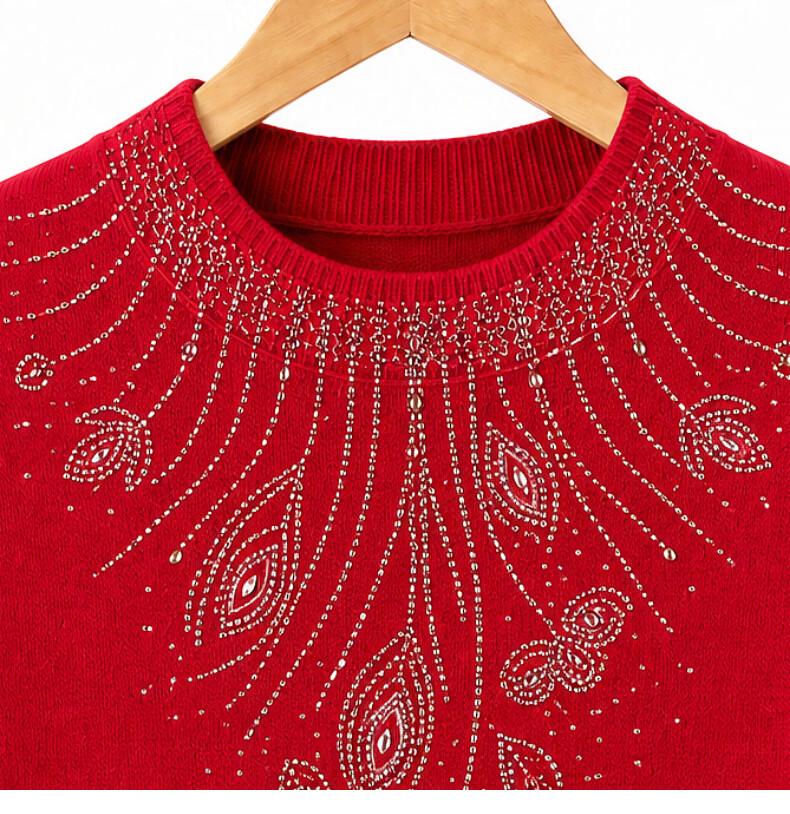 Hengyuanxiang Women's French Style Rhinestone Crewneck Knit Sweater