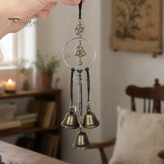 Artisan Crafted Metal Bell Witchy Door Handle Hanging Ornament, Handmade Vintage Wind Chime with Rustic Pendant Hemp Rope, Decorative for Boho