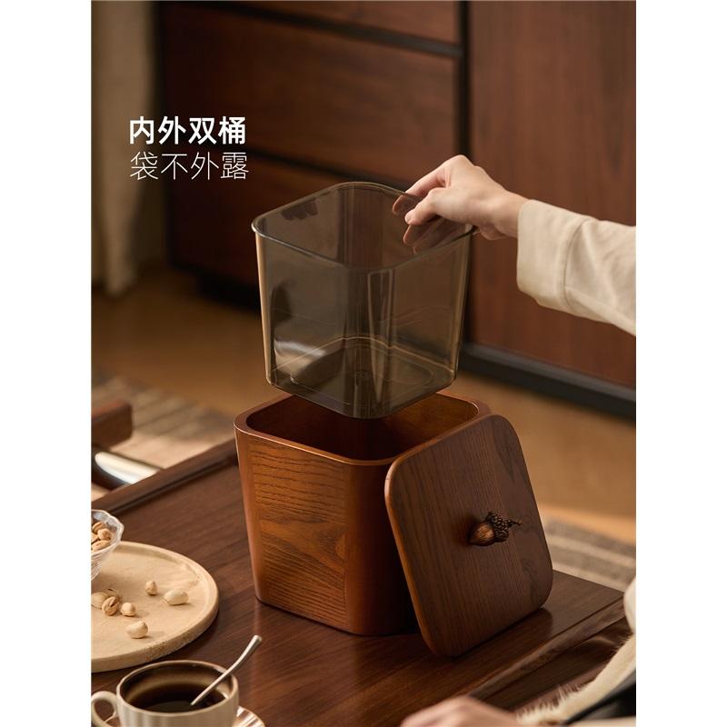 2026 New Chinese Style Wooden Covered Desktop Trash Bin Household Office Table Waste Basket