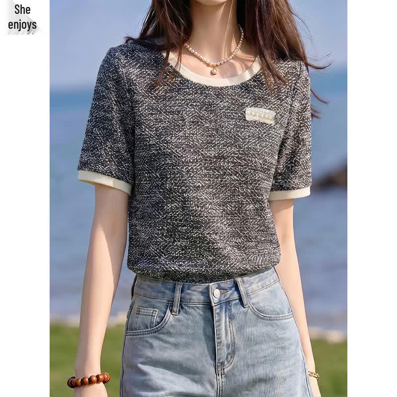 Women s Elegant Round Neck Short Sleeve T-shirt L