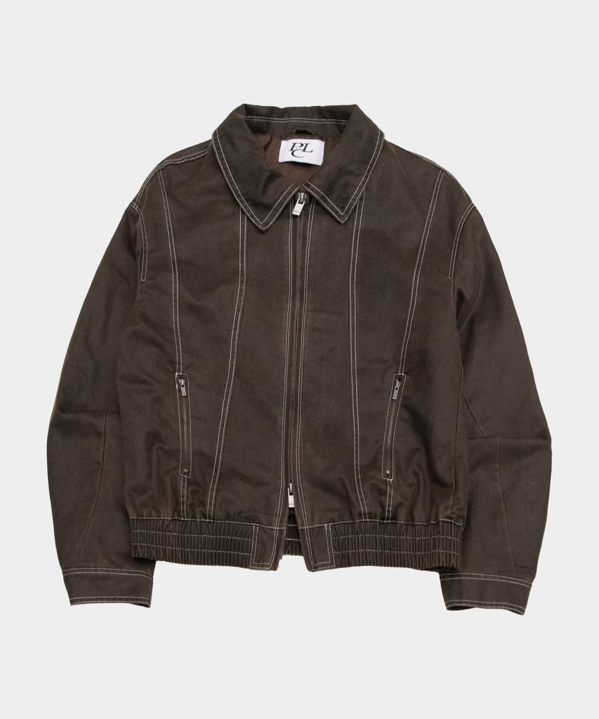 Placestudioman Stitch Point Standard Collar Leather Crop Blouson Long Sleeve Jacket_2 Colors