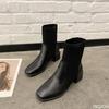 Nya höst-vinterstilar med tjocka medelhöga klackar fyrkantig tå korta stövlar för kvinnor stickade stövlar enkla bekväma enkelstövlar