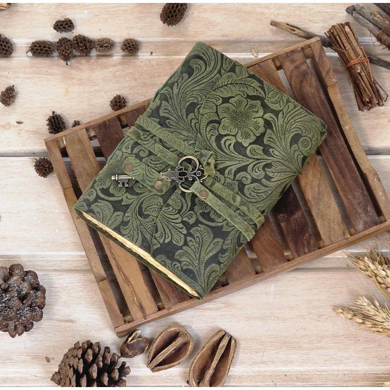 Embossed Green Leather Journal: Floral Spell Book, Deckle Edge Paper