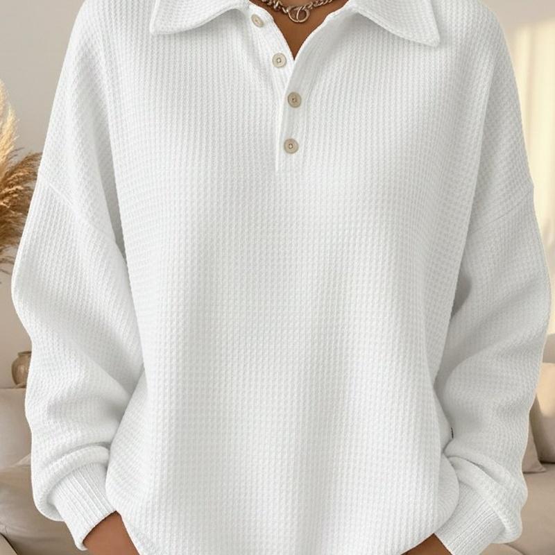 Women's Polo Collar Waffle Knit Long Sleeve Top Loose Fit Casual Pullover