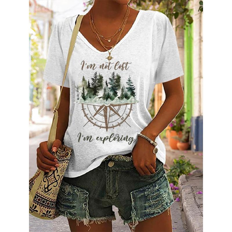 Women's Hiking Forest Print T-Shirts Summer Short Sleeve Casual Loose V Neck New Arrival