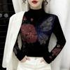 De Rong Women's Semi-High Neck Rhinestone Long-Sleeve Base Layer Top for Autumn/Winter