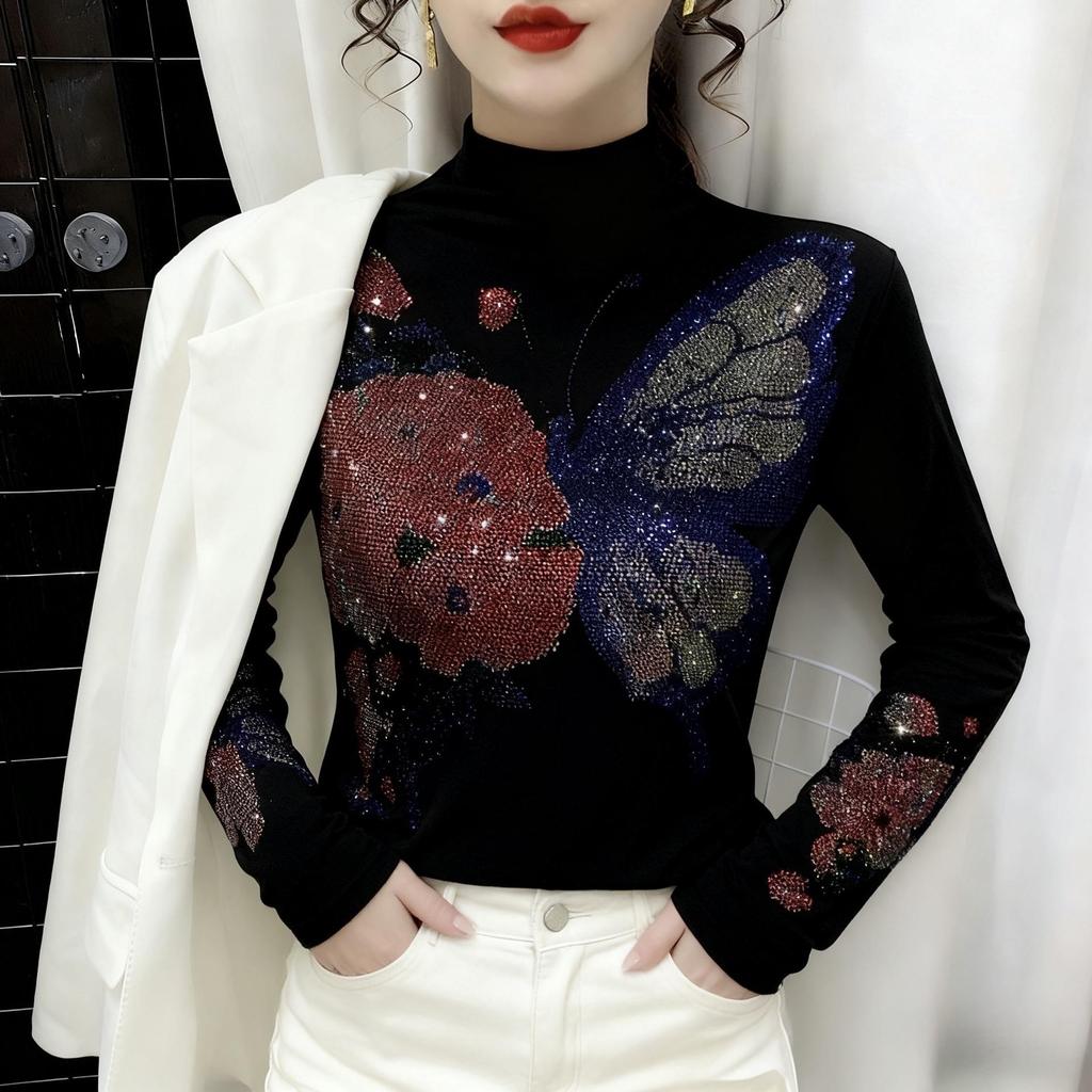 De Rong Women's Semi-High Neck Rhinestone Long-Sleeve Base Layer Top for Autumn/Winter