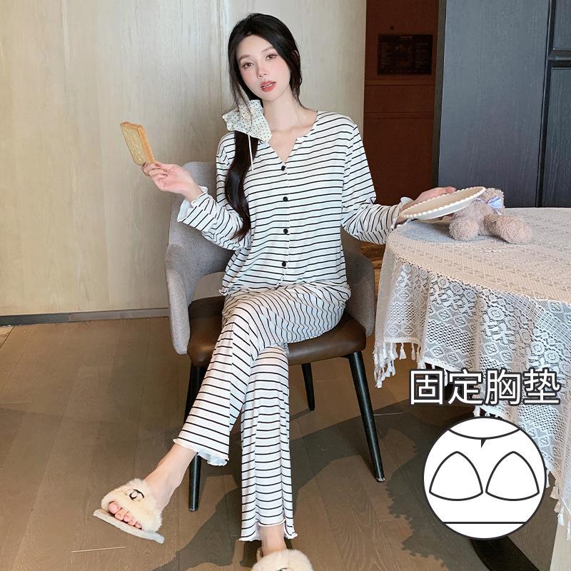 

Spring and Autumn Modal cotton trousers long-sleeved pajamas printing set casual loungewear with chest pad women s spot M