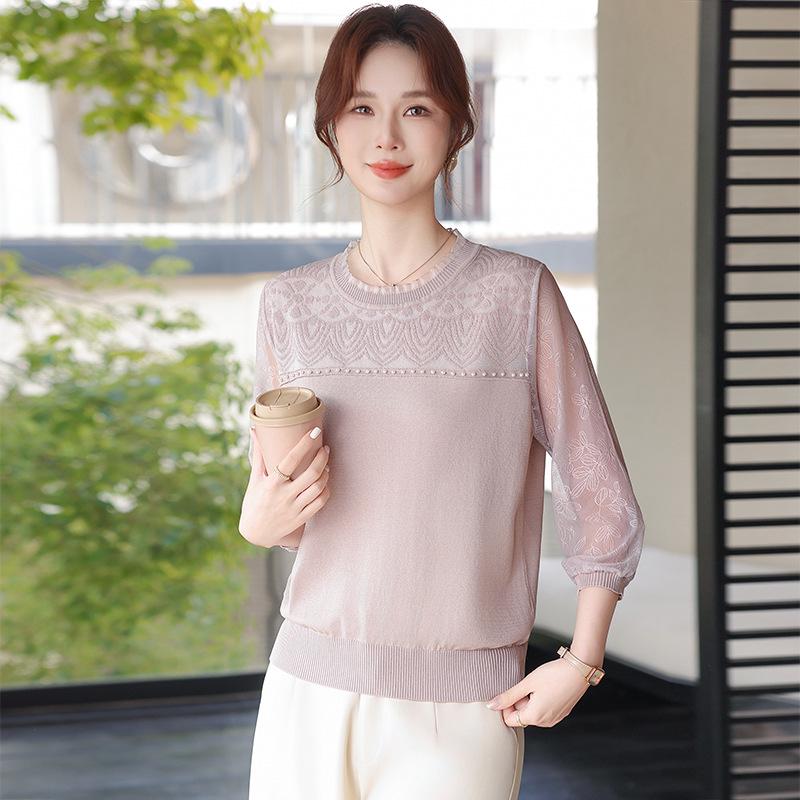 

Chic Spring/Summer Ice Silk T-shirt with Knitted Gauze Sleeves for Middle-Aged and Elderly Women 4XL (145-160 jin) розовый