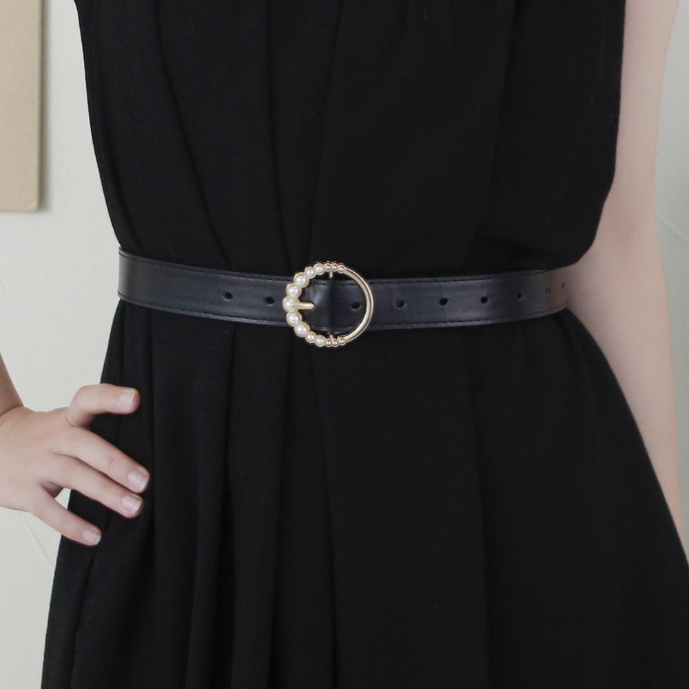 New Fashionable Round Pearl Buckle Women’s Leather Belt Korean-Style Beaded Versatile Minimalist Retro Jeans Belt