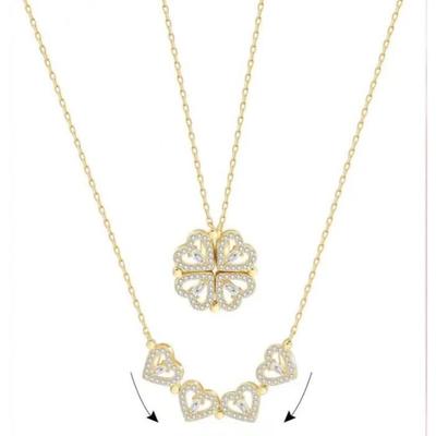 Halskette mit Anhänger - Gold - Vierblättriges Kleeblatt - Zirkonia - Verstellbare Länge 40+6 cm - Faltbar