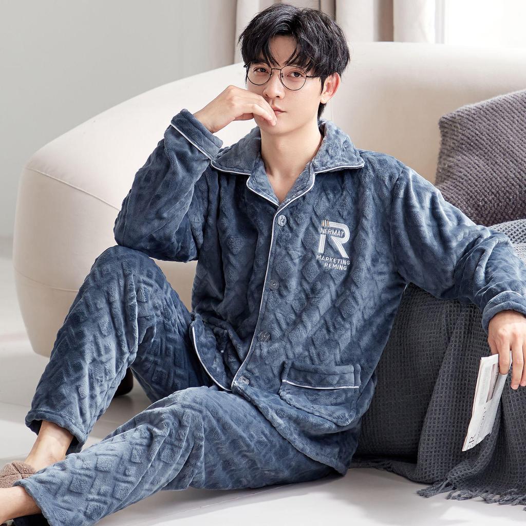 Men's Autumn/Winter Flannel Lapel Pajamas - New Arrival, Plus Velvet, Thickened Coral Fleece Homewear