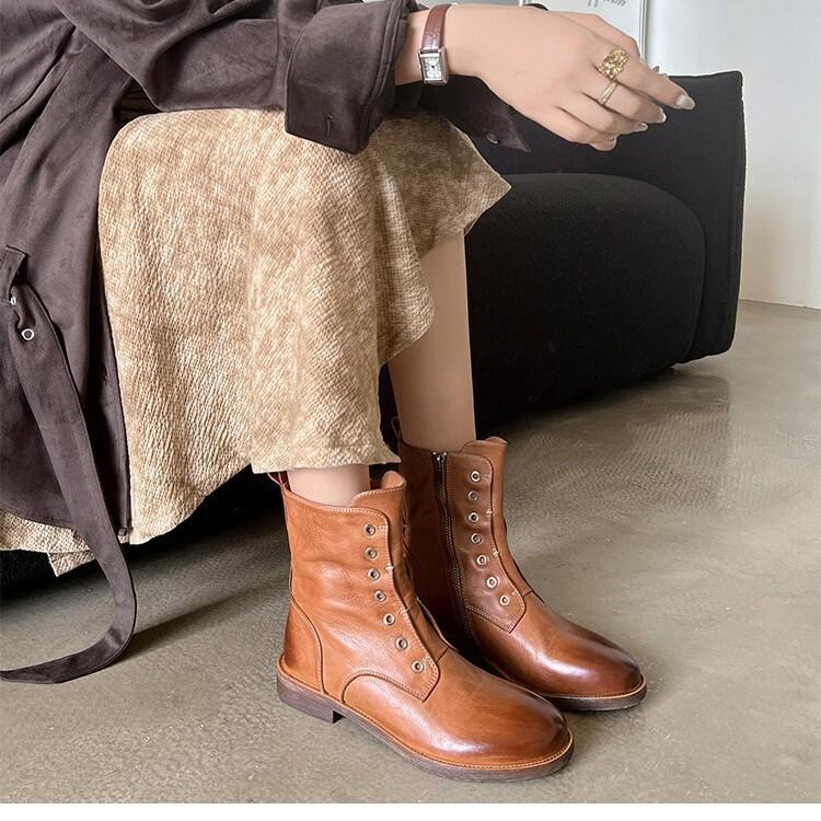 Haute Couture~ 2025 Autumn and Winter Round Head Side Zipper Medium Boots Brown First Layer Cowhide Genuine Leather Martin Boots Secret
