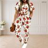 Women Plus Size Round Neck Short Sleeve Printed Crop Top Drawstring Pants Two Piece Set With Pockets