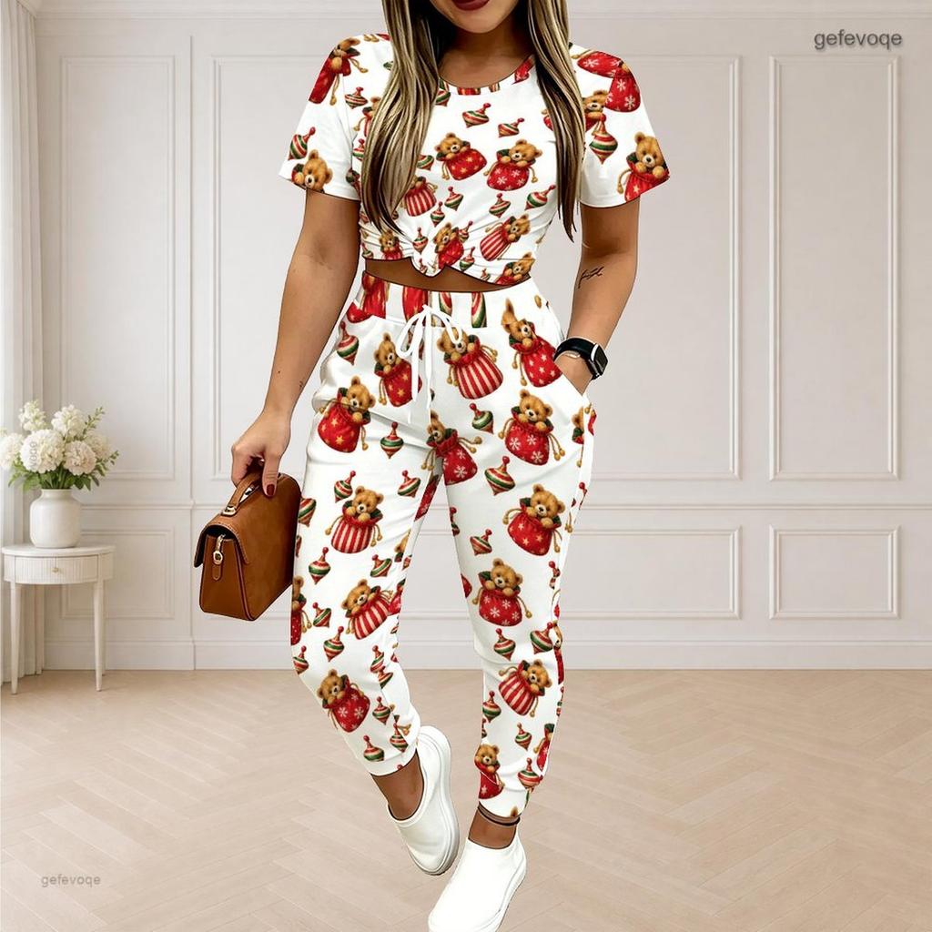 Women Plus Size Round Neck Short Sleeve Printed Crop Top Drawstring Pants Two Piece Set With Pockets