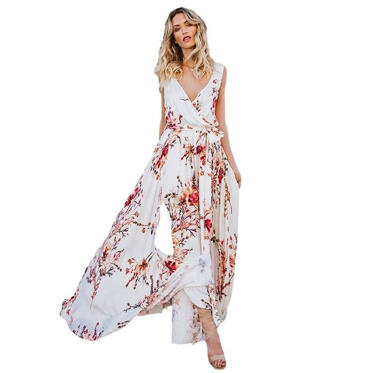 2025 summer new women's clothing V-neck printed big swing dress, sexy slim-fitting split dress