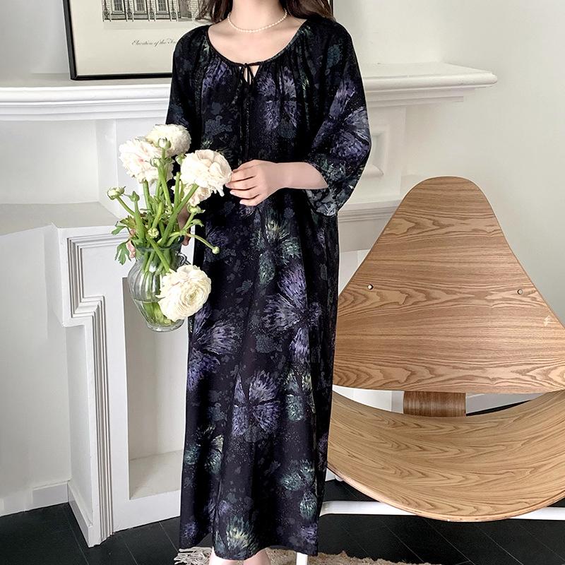 1011 new cotton and silk nightdress women's summer short-sleeved pajamas cartoon pony element long loose cotton silk skirt can be worn outside