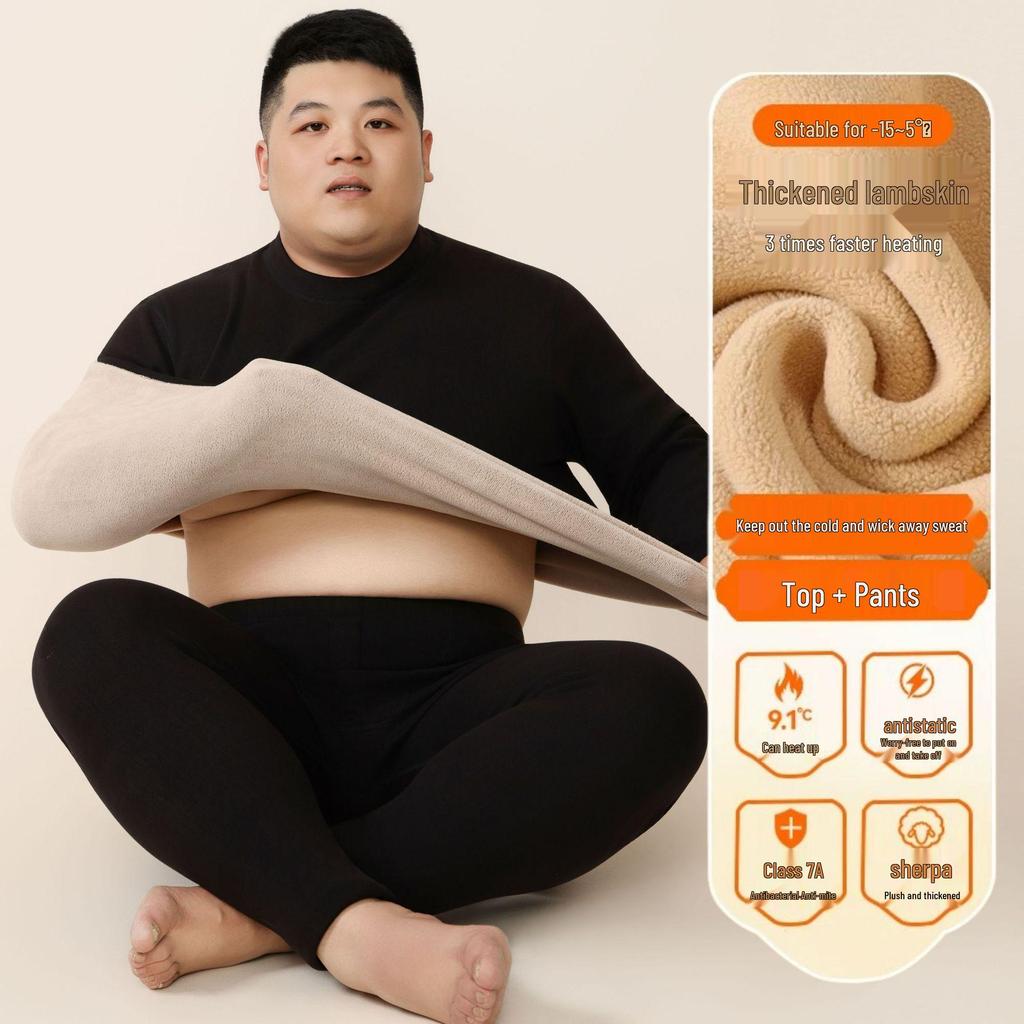 Unisex Plus Size Thermal Underwear Set with Thickened Velvet and Lambskin, Round Neck, for Autumn and Winter