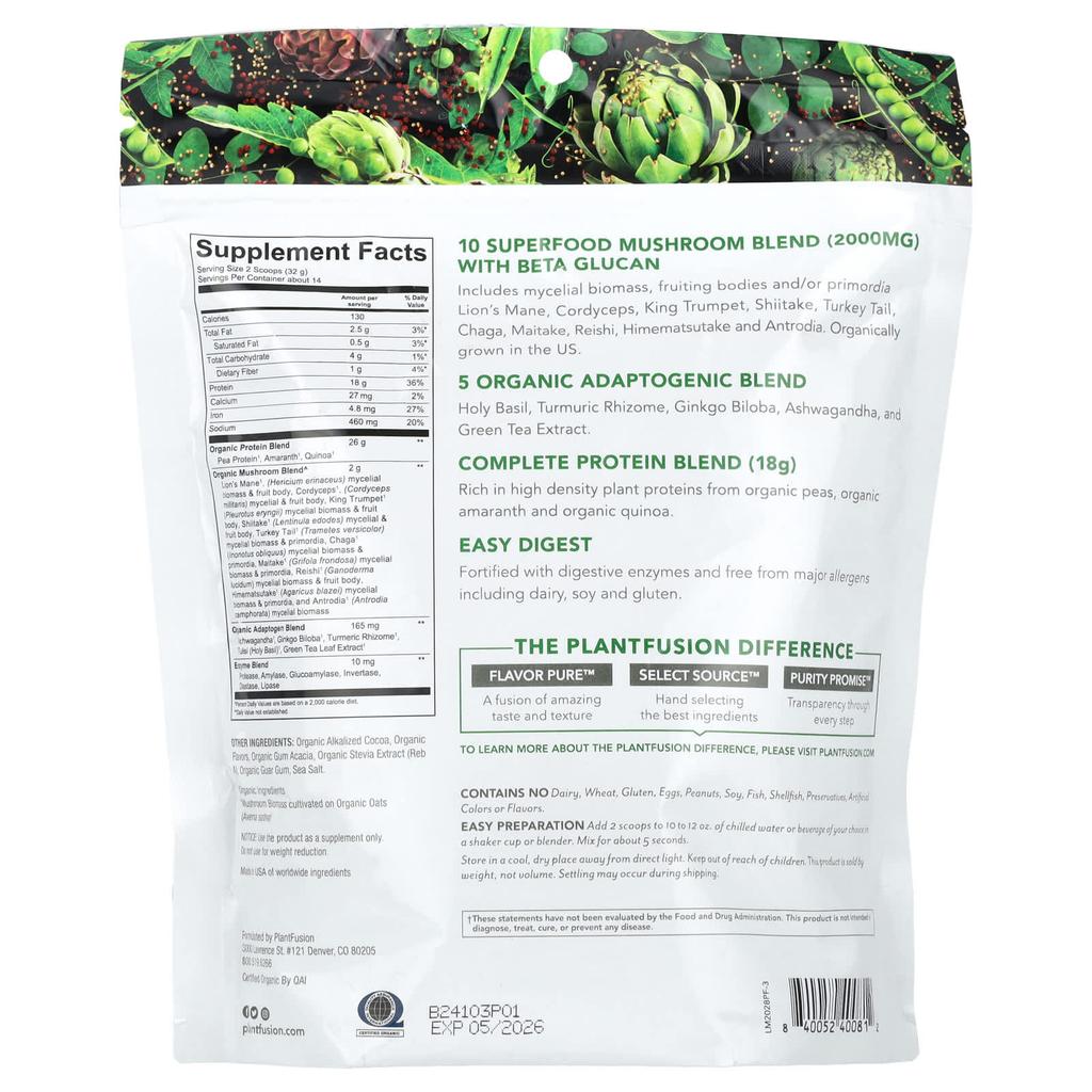 Organic Mushroom + Protein, Rich Chocolate, 448G(15.8Oz)
