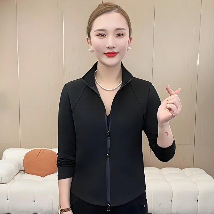 

2026 Spring Elegant Stand Collar Zipper Cardigan - Age-Reducing Solid Color Base Layer for Women 5XL (150-160 jin) чёрный