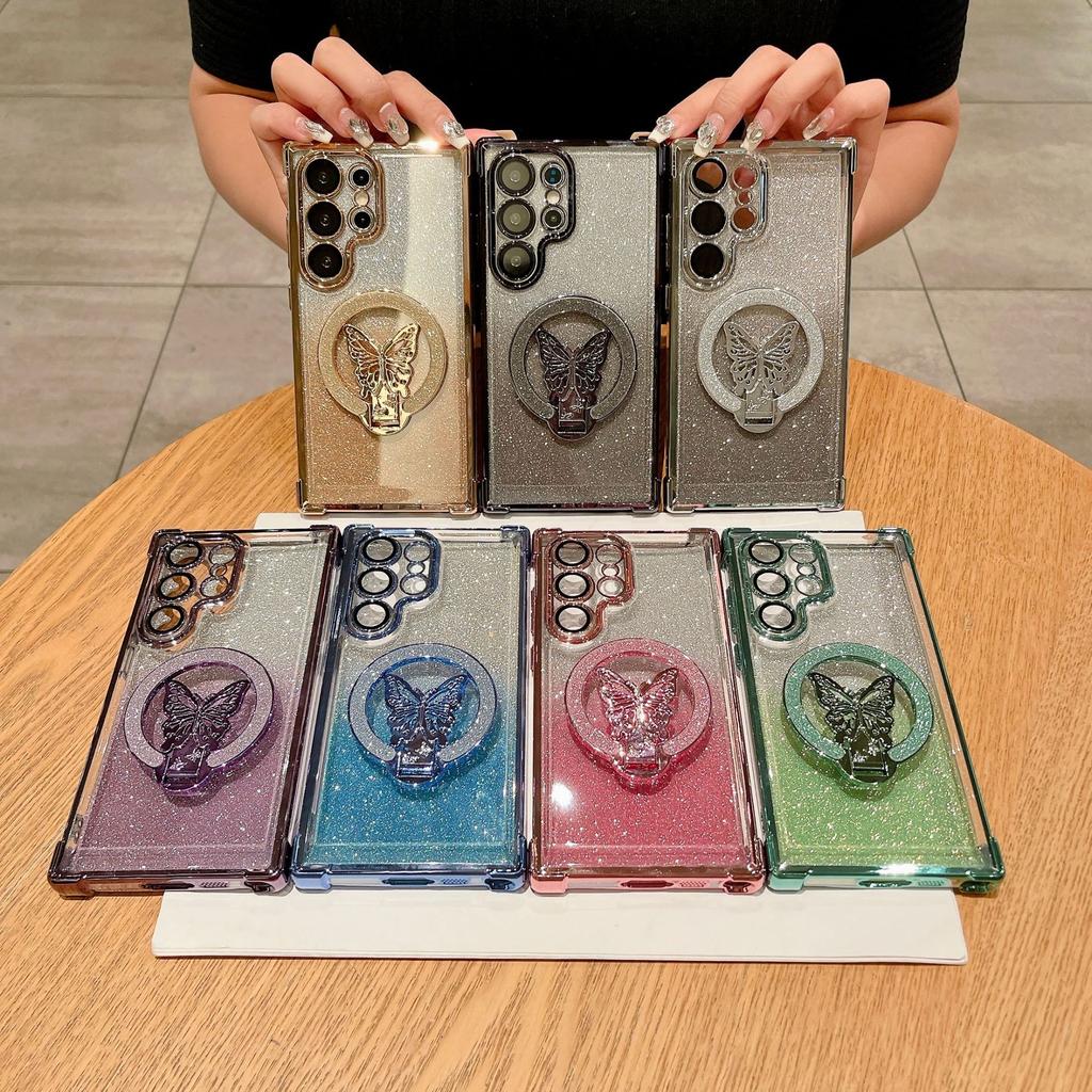 Samsung S25FE Butterfly Flashing Powder Bracket Magnetic Suction Mobile Phone Case Suitable for S24 Four Corner Airbag Anti Fall A06 Protective Case