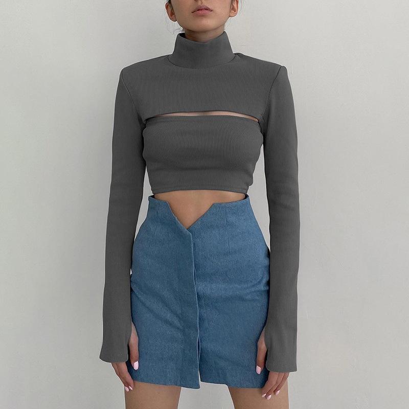 

Женский однотонный тонкий свитер с высоким воротником, осенний полый свитер с длинными рукавами, пуловер, женский сексуальный модный топ L серый