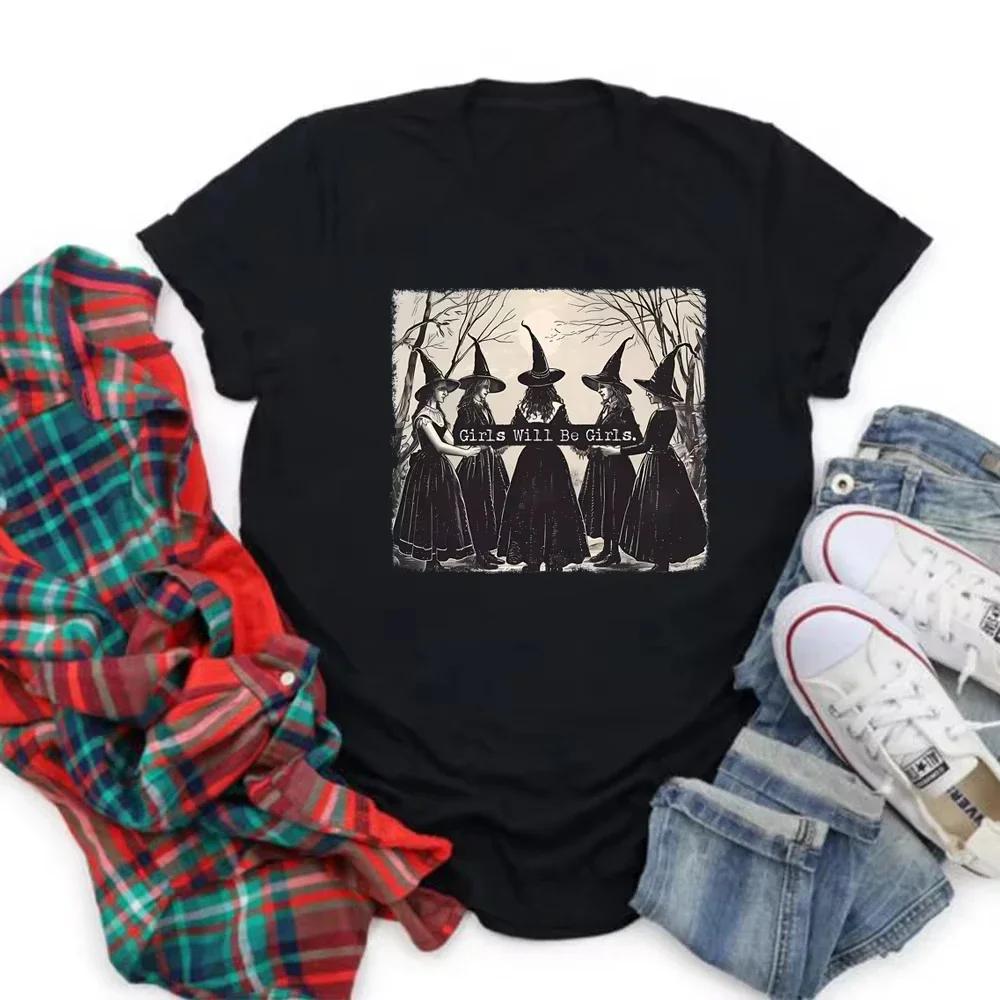 Винтажные футболки Girls Will Be Girls Witch Shirt Funny Witch Shirts Футболки для женщин на Хэллоуин Винтажная одежда Witchy Vibes Graphic T Shirts S