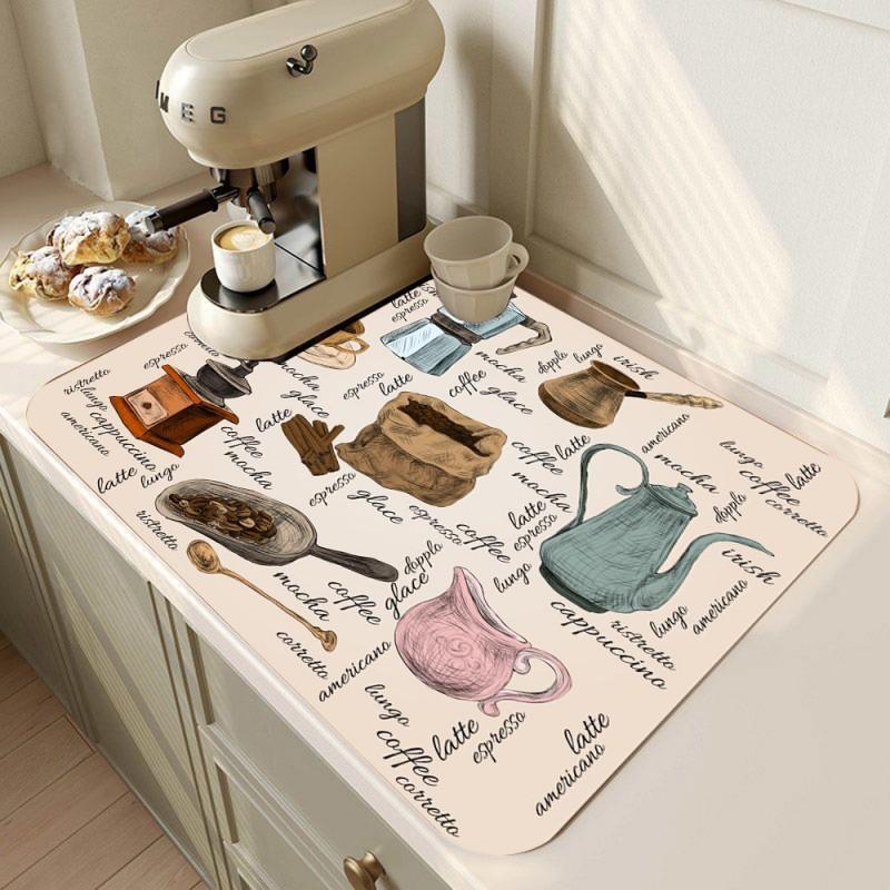 Retro Coffee Maker Mat Kitchen Drain Pad Non-slip Dish Drying Mats Quick Dry Tableware Faucet Placemat Dinnerware Washable