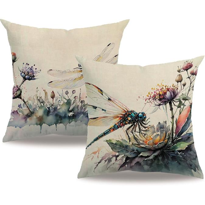 7COLORROOM Dragonfly Pillow Covers 18 X 18 Inch Wildflowers Color Dragonfly Cushion Covers Flower Holiday Rustic Farmhouse Decoration 2Pack for Sofa