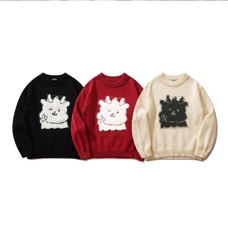 Kids Winter Knit Sweater Boys Girls Red Festive Design Loose Fit Round Neck Acrylic Warm Pullover