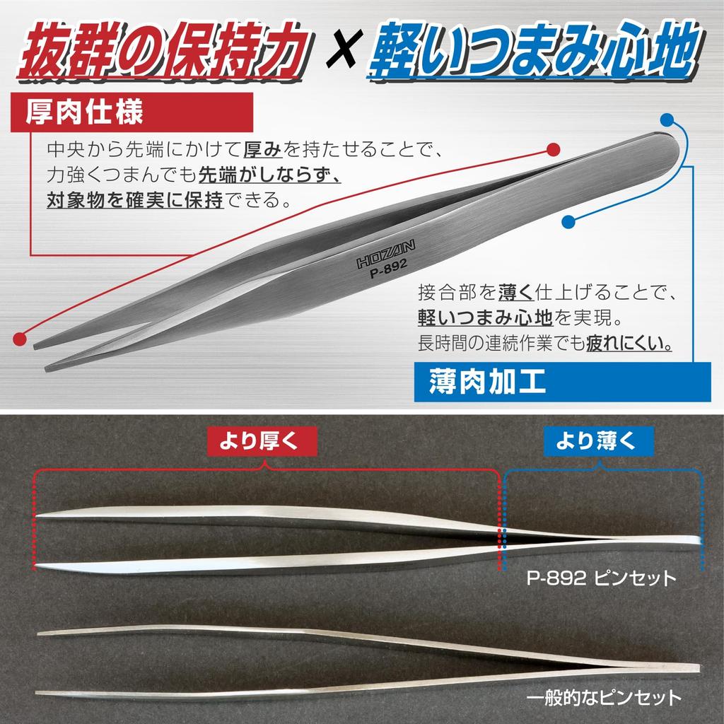 HOZAN Heavy Duty Tweezers P-892 Stainless Steel 125mm Thick-Walled High Durability Tip Width 1.2mm