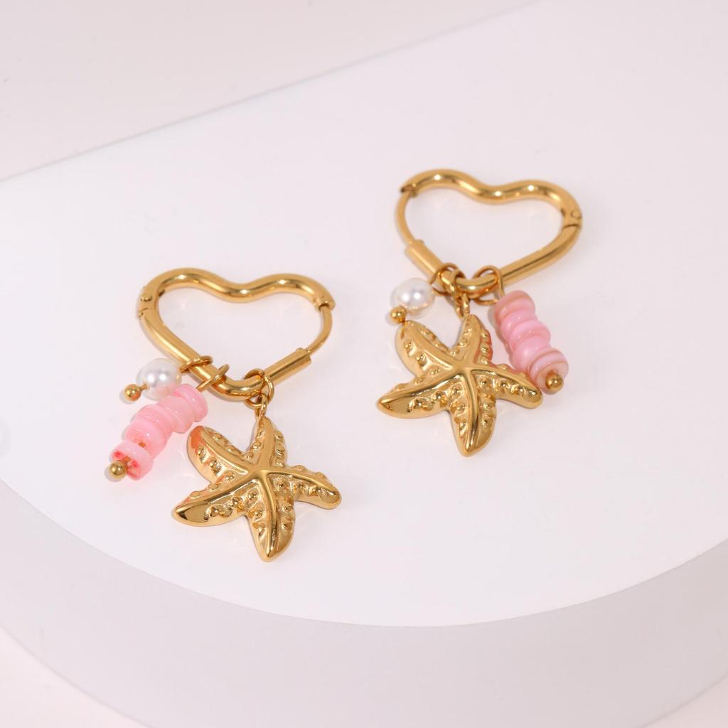 Orecchini a clip a forma di stella marina e conchiglia placcati oro in acciaio inossidabile – Stile vacanza oceanica europeo e americano