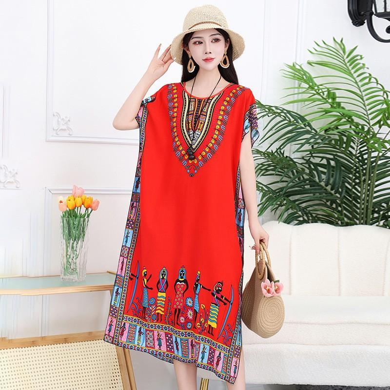 Thai Dress Medium and Long Loose Casual Large Size Meat-covered Seaside Beach Cotton Silk Dress