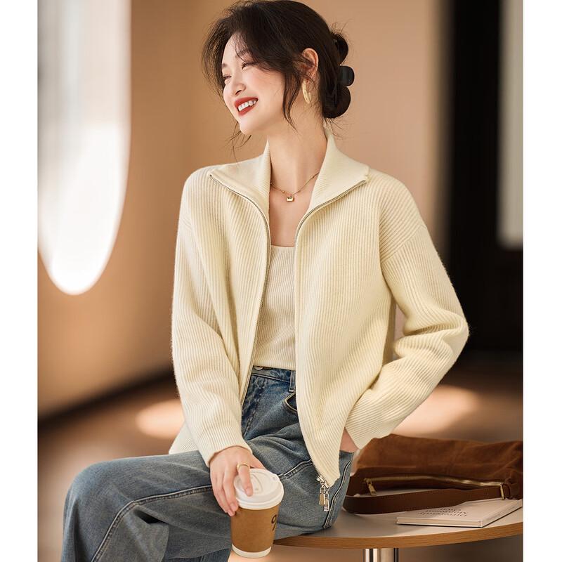 

Srcr Women s 100% Wool Double-Zipper High-Neck Knit Cardigan L