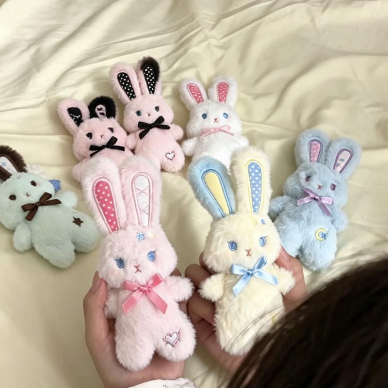 Cute Soft Fluffy Plush Rabbit Keychain With Lovely Bow Decor For Backpack Charms Girls Birthday Gifts