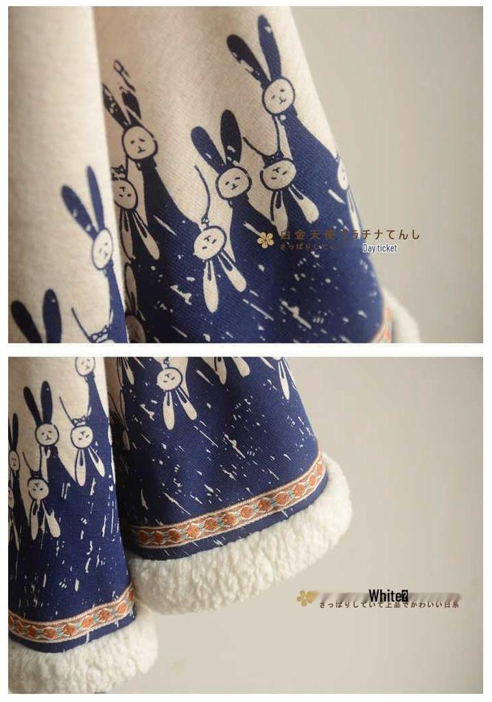 2019 Winter College Style Cute Patchwork Rabbit Ear Hooded Fleece-Lined Cape Coat