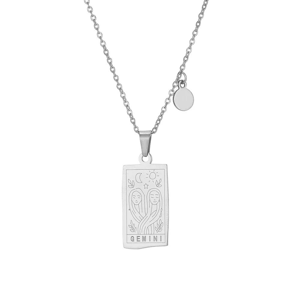 Vintage Geometric 12 Constellations Square Pendant Necklace Fashion Gold Color Metal Collar Charm Necklace Jewelry 2024 New