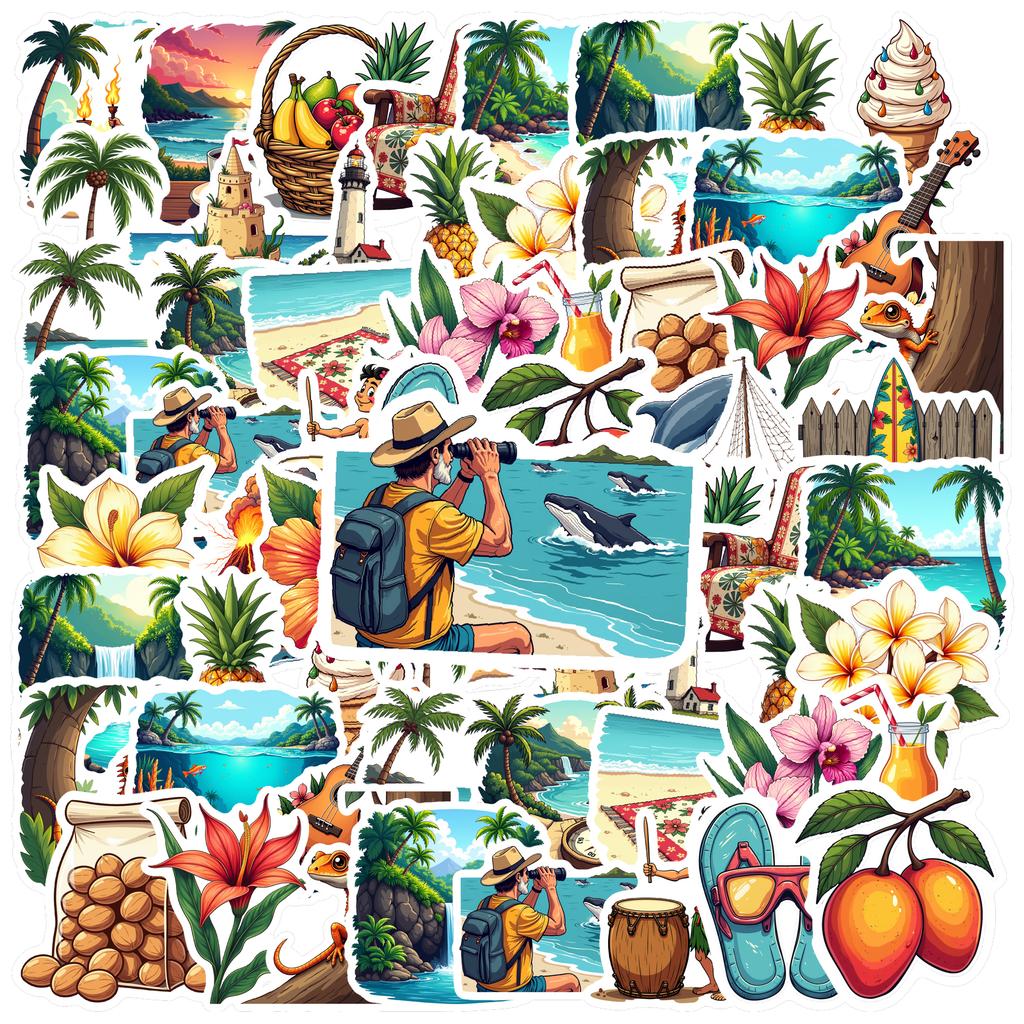 35-70 Pièces Autocollants Thème Tropical Hawaïen Décalcomanies Esthétiques Téléphone Cahier Valise Ordinateur Portable Réfrigérateur Papeterie Autocollant Mural