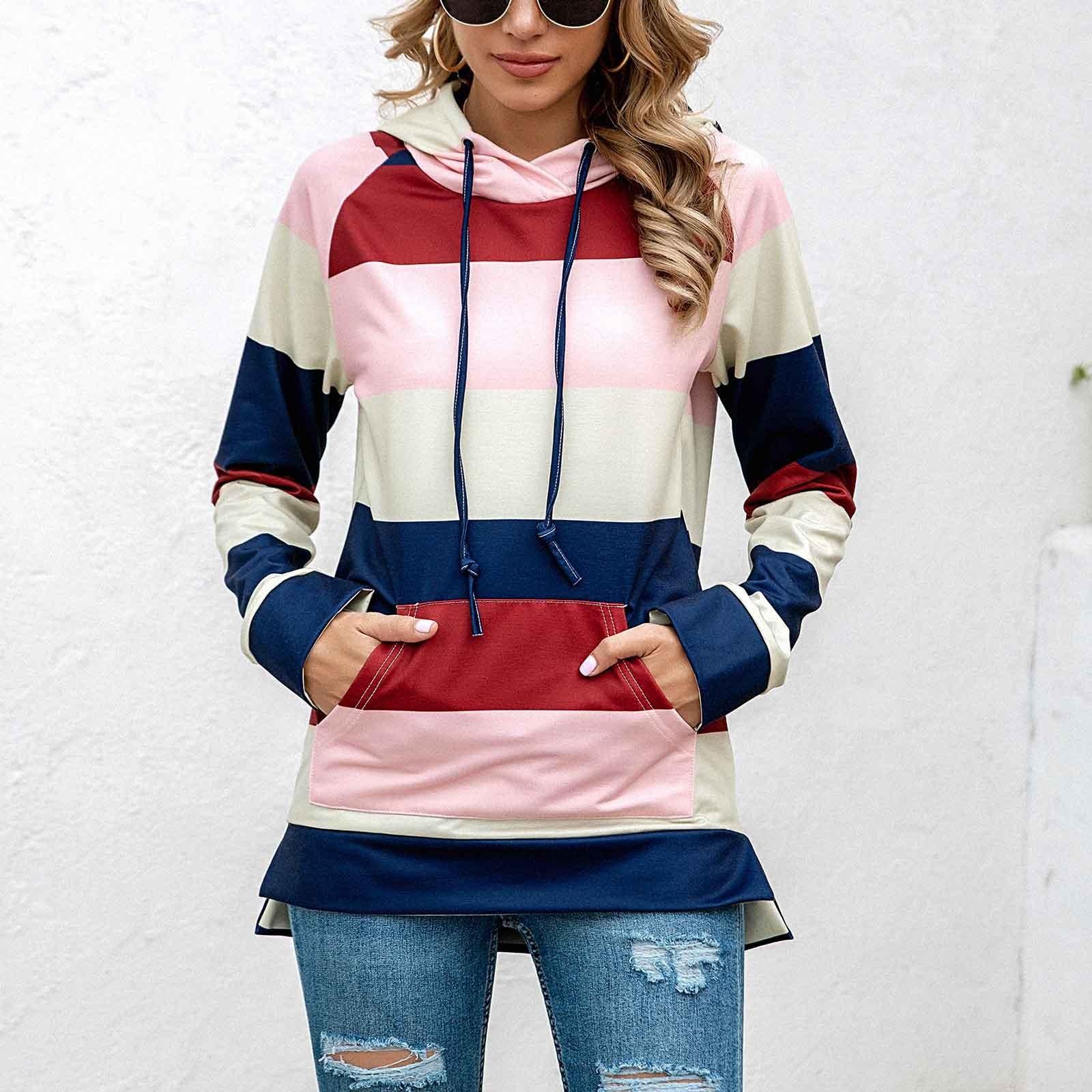 

Жіноча модна толстовка з капюшоном і довгими рукавами з принтом у смужку