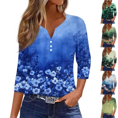 Women's Fashion Casual Floral Print V-Neck Decorative Button Three-quarter Sleeve T-Shirt Top