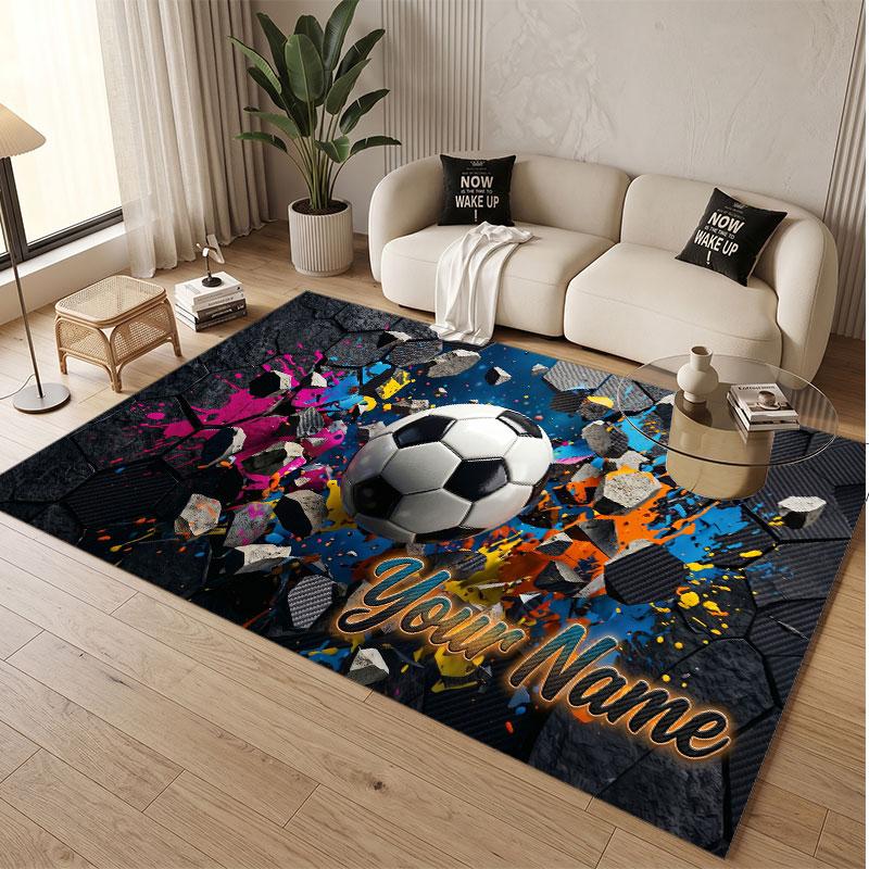 Fußball-Thema Weicher Kristall-Samt Teppich Benutzerdefinierter Name & Text Druck Rutschfester Boden Teppich für Schlafzimmer Wohnzimmer