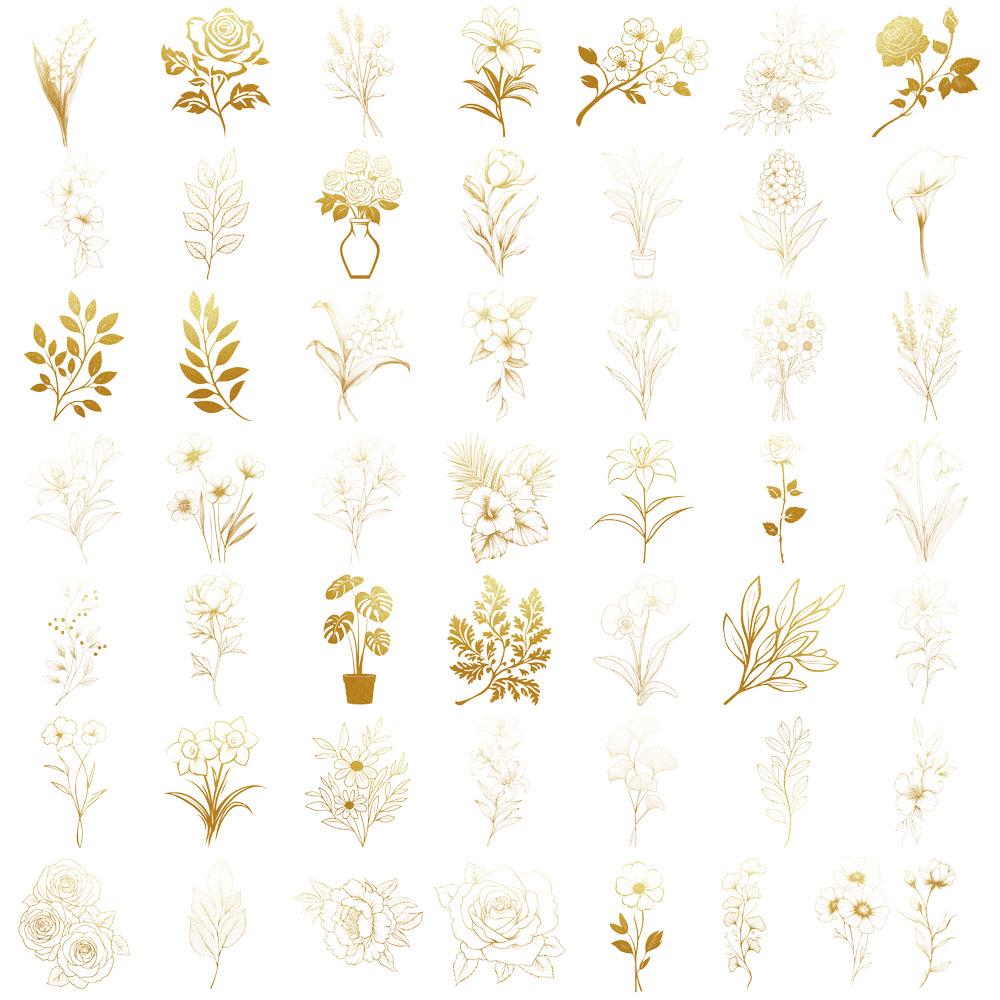 50 Creative Gold Plant Transparent PET Stickers for Water Cups, Phone Cases, and Computers - 50 Sheets/Set