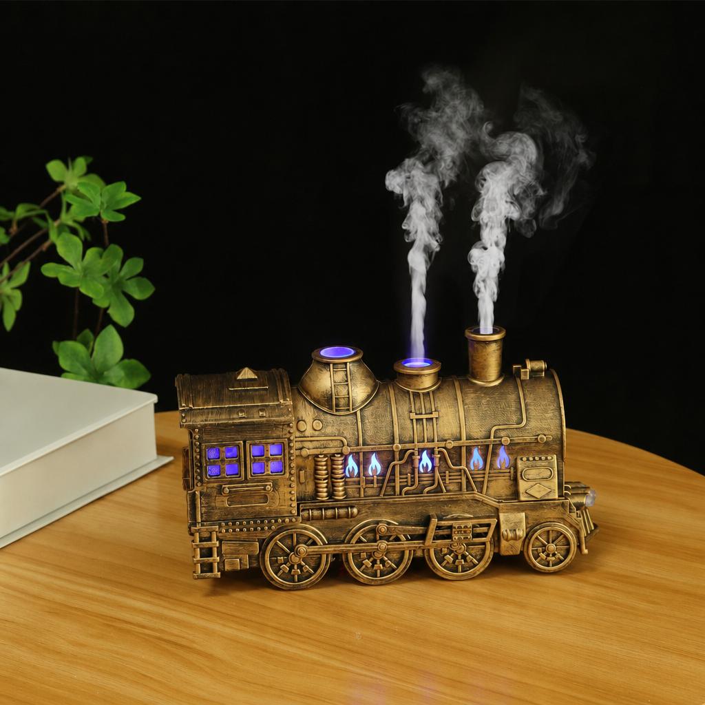 Vintage Locomotive Jellyfish Ring Spraying Ultrasonic Aromatherapy Machine with Dual Spray Ports Flame Essential Oil Small Train Humidifier
